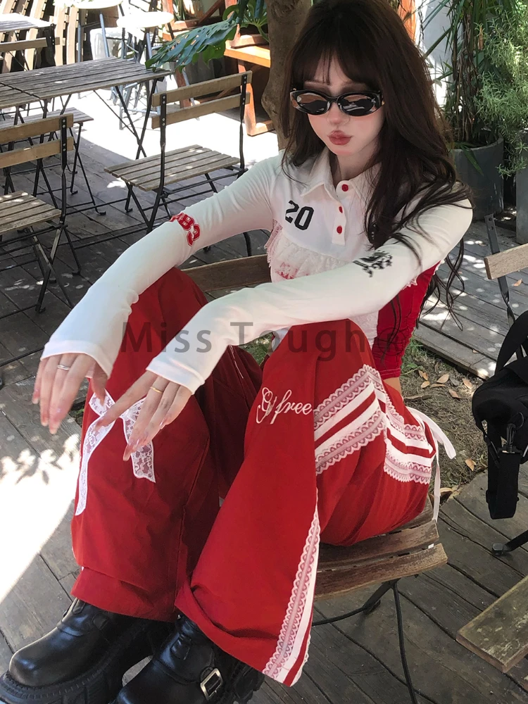 Эстетические Y2k Свободные брюки с эластичной резинкой на талии Женские