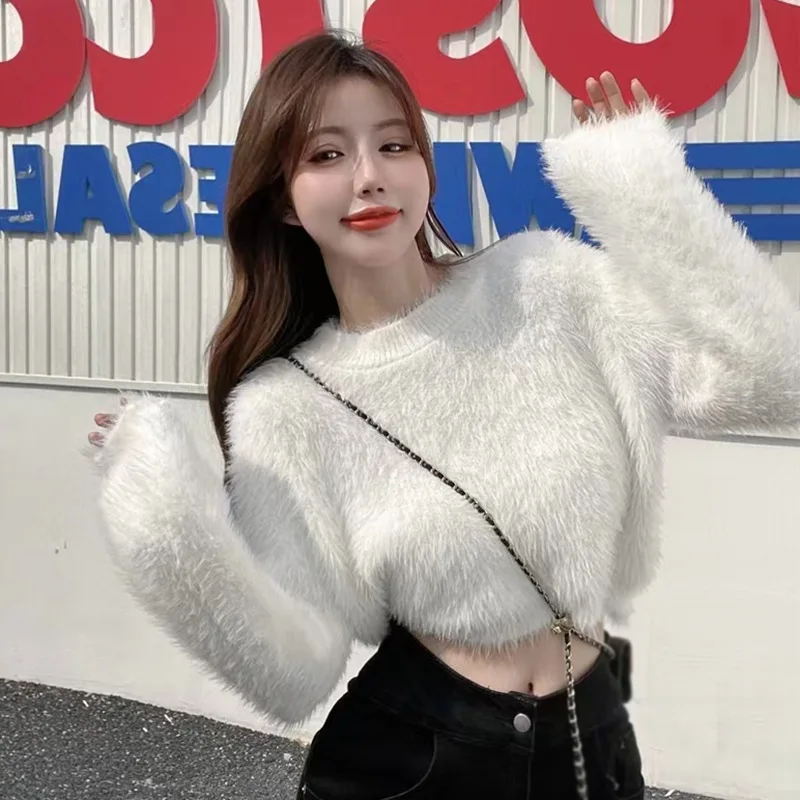 Осенний женский свитер раскрывающий пупок пух вязаный Повседневный с длинными