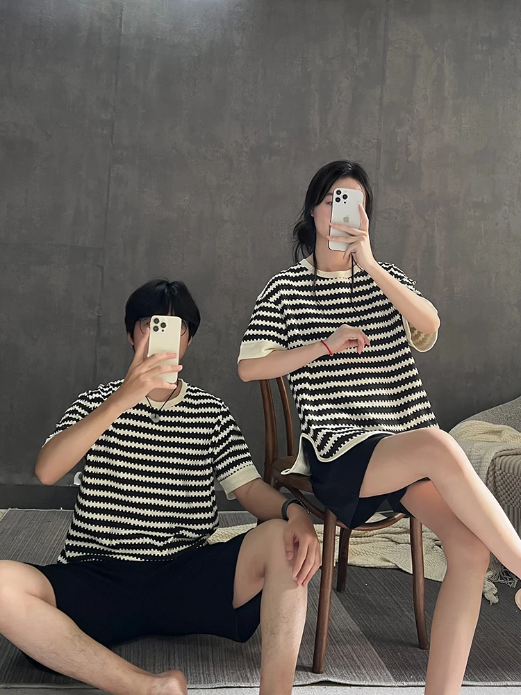 Couple Pajamas Women's Summer Cotton Short sleeve round Neck Home Wear Thin Men's Can Be Worn outside Striped Suit