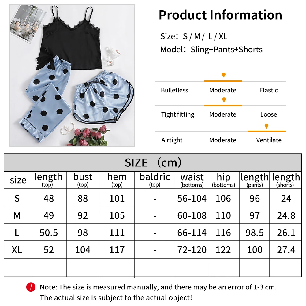 New Sleepwear Lace Edge Sexy Sling Shorts Casual 3PK Women's Soft and Comfortable Silk Homewear Cute Little Dot Sleepwear Set