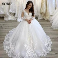 2022 plus size wedding dresses v neck long sleeves court train tulle lace applique wedding dresses lace up back vestido de noiva