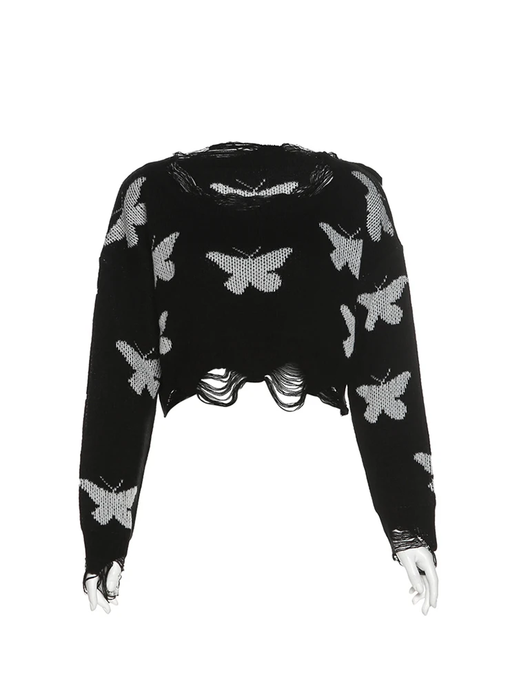 

Женский укороченный свитер с принтом бабочек, трикотажный свитер контрастных цветов с круглым вырезом и оборками, модная дизайнерская винтажная одежда с вырезами в стиле Харадзюку