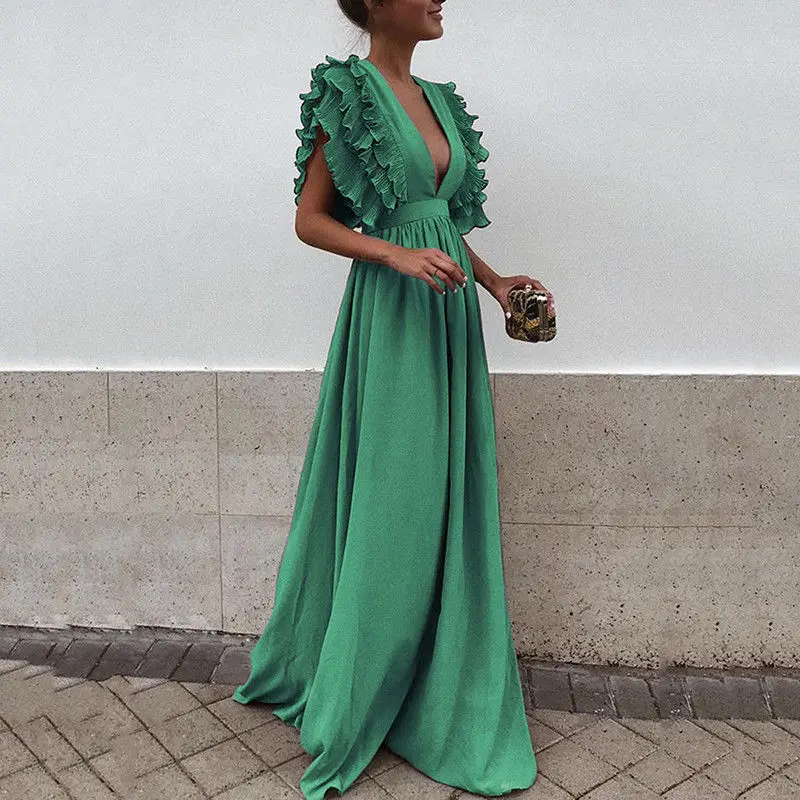 

Formal Party Dress Women Deep V-Neck Long Dress Elegant Flying Sleeves Backless Maxi Evening