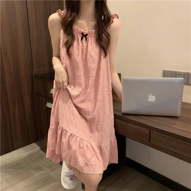 Sweet Desire Nightdress Princess Style Ruffle Halter Pajamas Summer 2023 New Bow Home Wear Loose Solid Casual Female Sleepwear