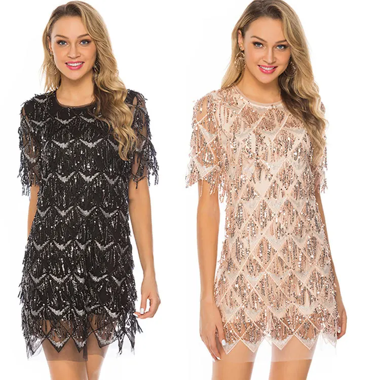 

Europe and the United States explosive temperament fringe sequins sexy loose crew neck short-sleeved party dress
