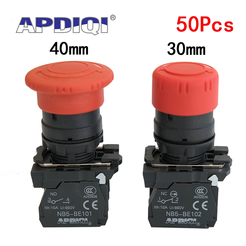 

50Pcs XB5 AS542 Plastic Emergency Stop Red Mushroom Head Size 30 40MM Push Button Switch Lock NO NC Normally Open AS545 22mm ZB5
