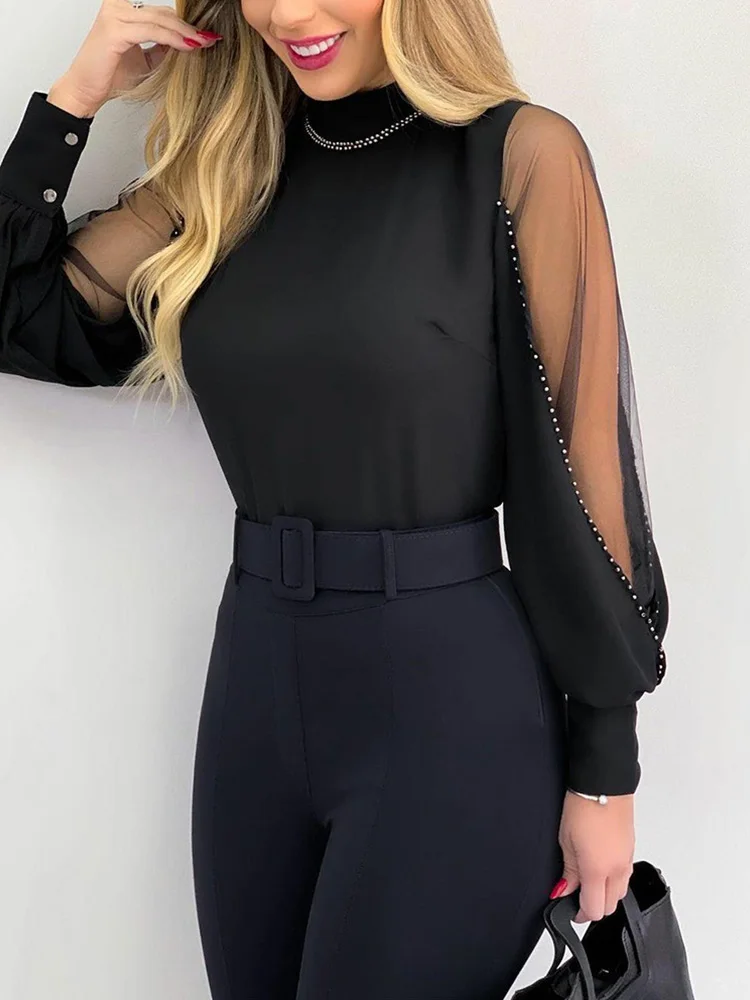 

Rhinestone Studded Contrast Mesh Long Sleeve Top Women Blouses