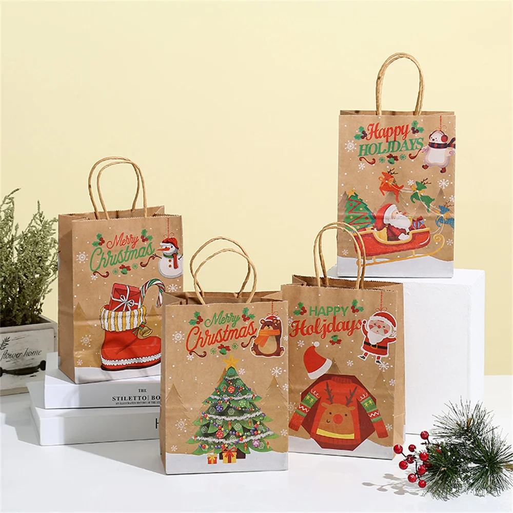 

Новые рождественские подарочные пакеты для детей, сумка-тоут для конфет, яблок, мультяшный лось, Санта-Клаус, Упаковочная крафт-бумага с принтом, оптовая продажа