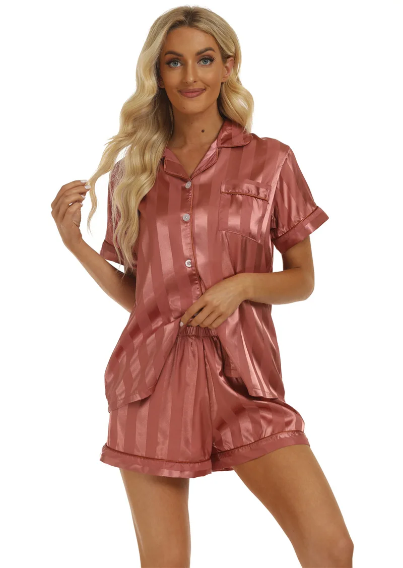 Womens Pajamas Sets Satin Silk Striped Pyjamas Famale Pijamas Pocket 2 Piece PJ Set Loungewear Short Sleeve Shorts Sleepwear