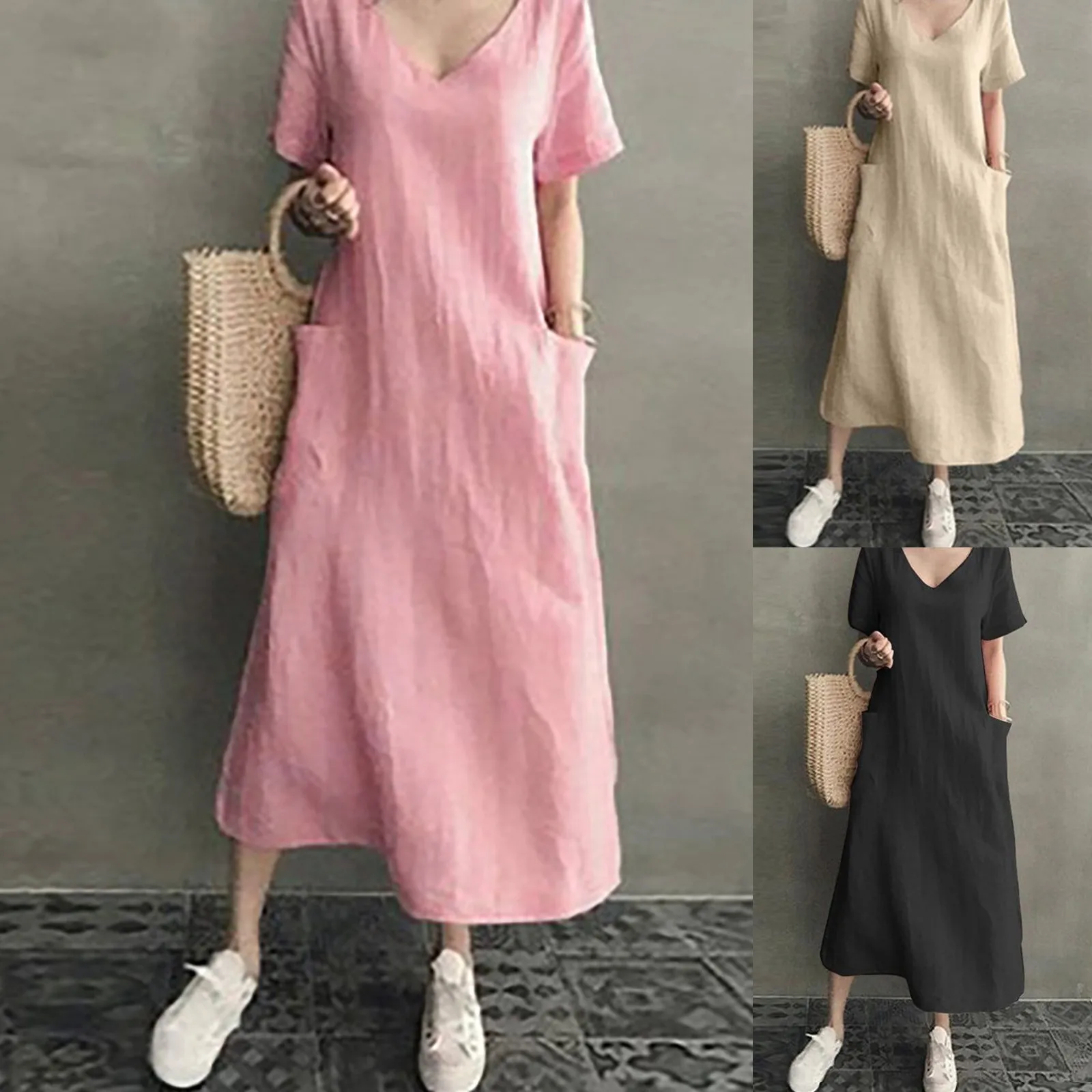 

Spring And Summer Women Short Sleeved V Neck Causal Dress With Pocket Summer Midi Dresses Casual Date Dress for Women