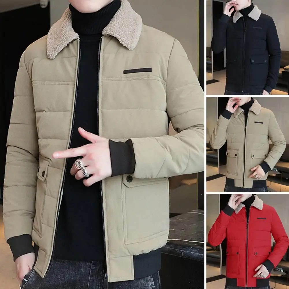 Men Winter Coat Solid Color Thicken Pockets Zipper Turn-down Collar Keep Warm Cardigan Plus Size Elastic Cuff Autumn Coat Male C