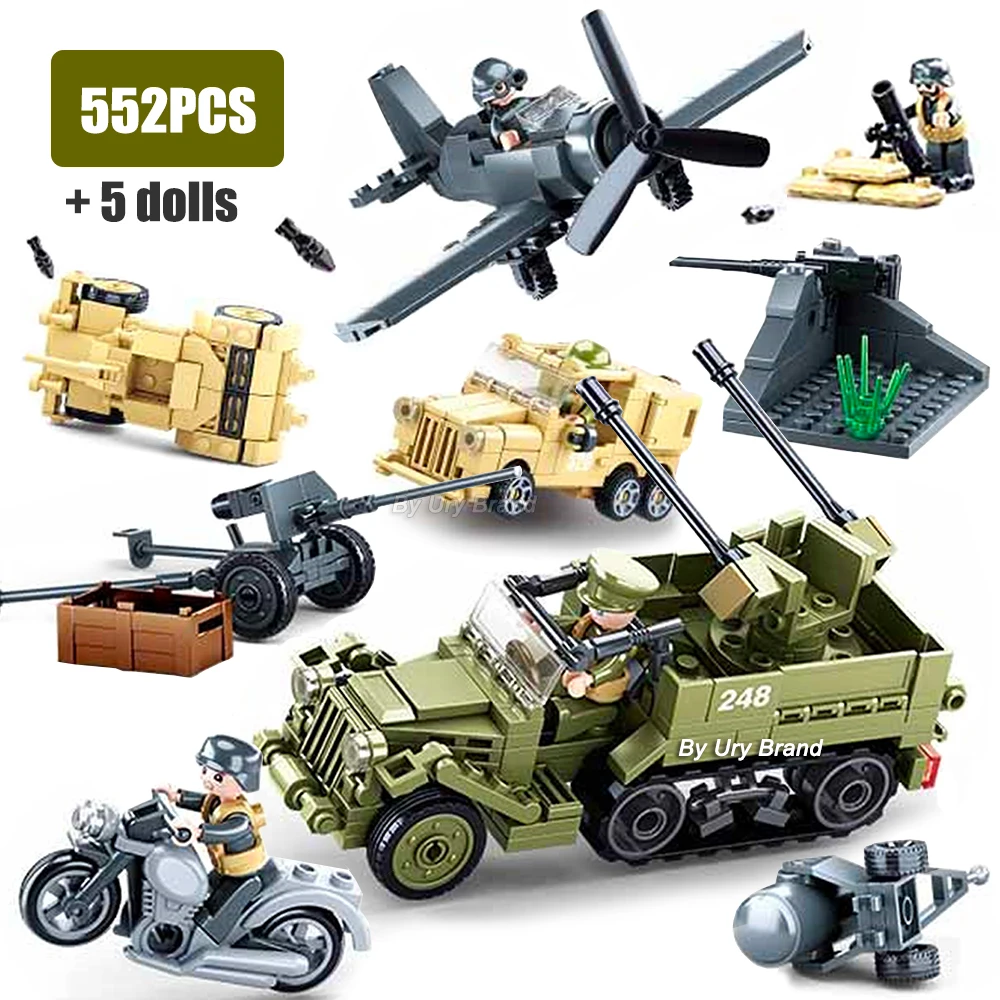 Sluban City WW2 Series Army Vehicle Tank Airplane SUV Car Soldiers Figures DIY Building Blocks Bricks Toys Gifts for Boys B0812