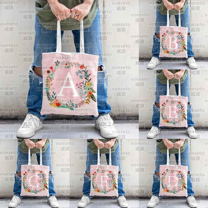 

White 26 Letters Elegant Lace Eco Canvas Pink Aesthetic Tote Bag Foldable Shopping Supermarket Large Capacity Made for Woman