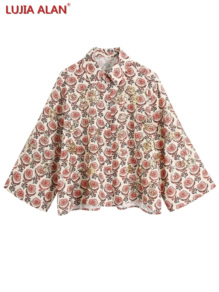 

Women Sequin Embroidery Flower Print Loose Shirt Summer Female Nine Quarter Sleeve Blouse Smock Tops Blusas LUJIA ALAN S9987