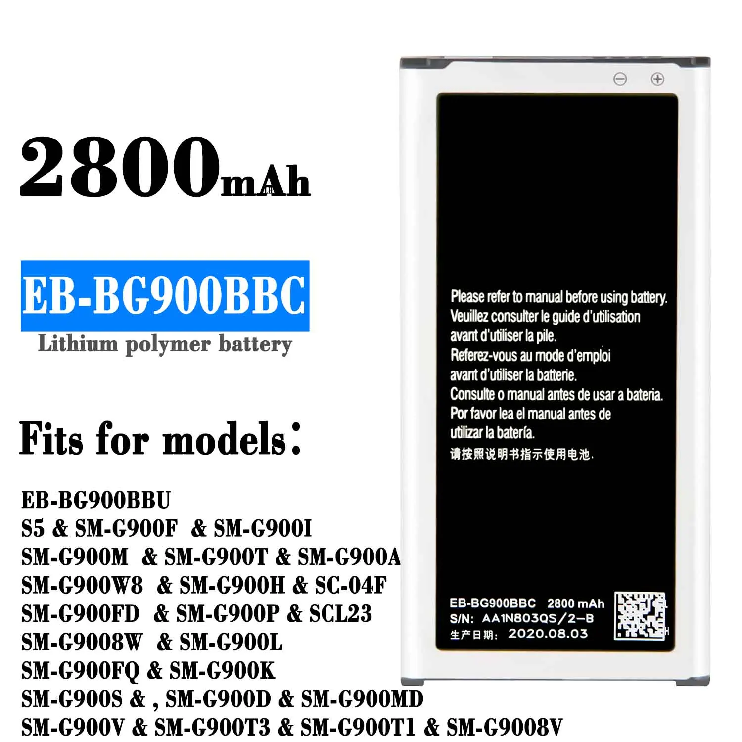 

Original Samsung Battery EB-BG900BBU EB-BG900BBC For Samsung S5 G900S G900F G900M G9008V 9006V 9008W 9006W G900FD NFC 2800mAh