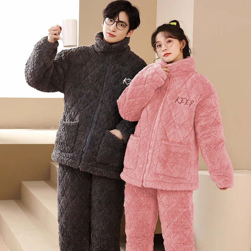 Couples Winter Nightwear Flannel Warm Men's Pijamas Turn-down Collar Women's Pyjamas Male Female 3 Layers Cotton Home Suit