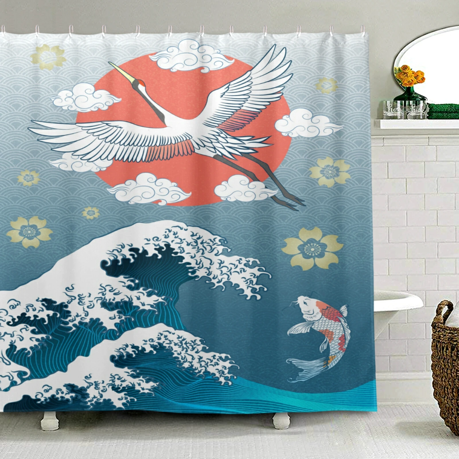 

Japanese Crane Clouds Wave Koi Fish Shower Curtain Screen Waterproof Polyester Fabric Bath Curtain With 12 Hooks Bathroom Decor