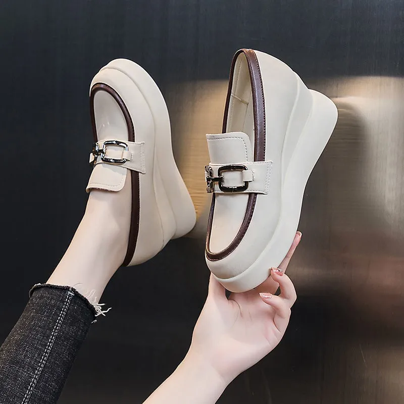 

Fashion Women Loafers Solid Thick Platform Pumps For Womans Casual Shoes Inner-raised White Shoes Slip-on Female Leasure Shoes