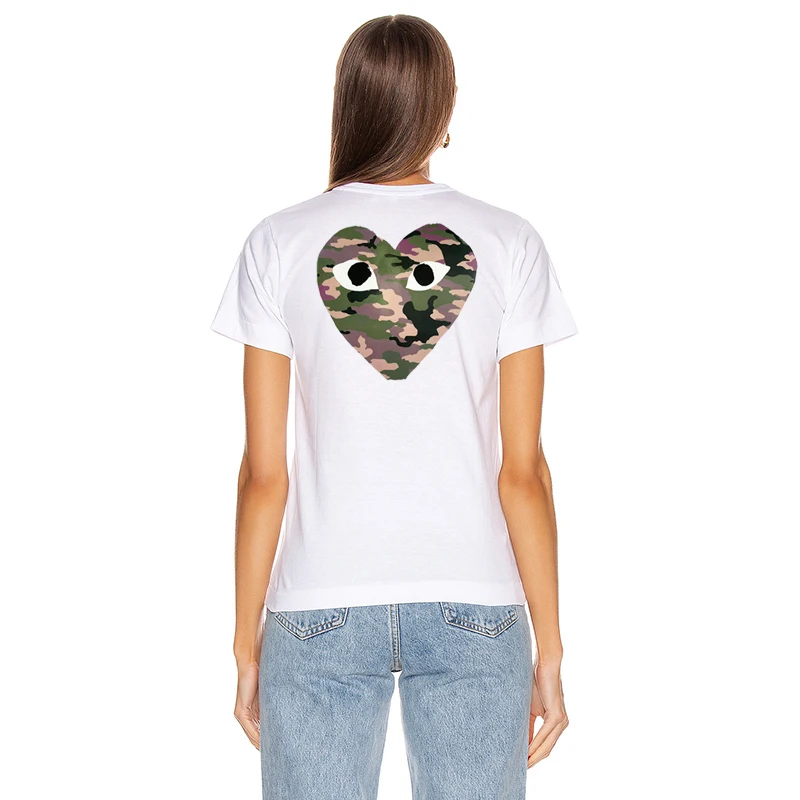 Men Women Short-sleeved T-shirt Cotton Heart Eye Embroidery Back Camouflage Dot Love Print O-neck Straight Summer Unisex |