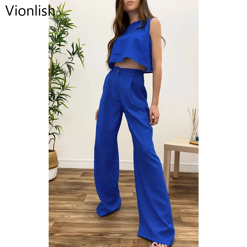 

Vionlish Casual Loose Women Cotton Linen Trousers Sets O-neck Sleeveless Tops & Wide Leg Pants Summer Ladies 2 Pieces Set 2022