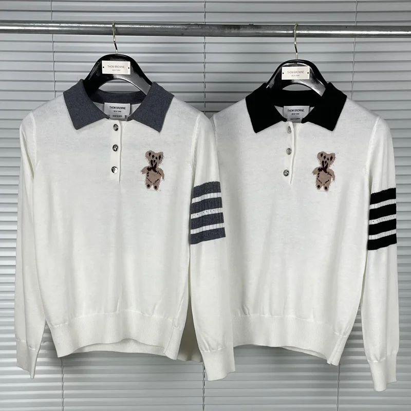 

2022 Fashion TB THOM Brand Polos Women Casual Long-Sleeved Polo Shirts Spring Autumn Slim Fit Solid Turn Down Collar Sweaters
