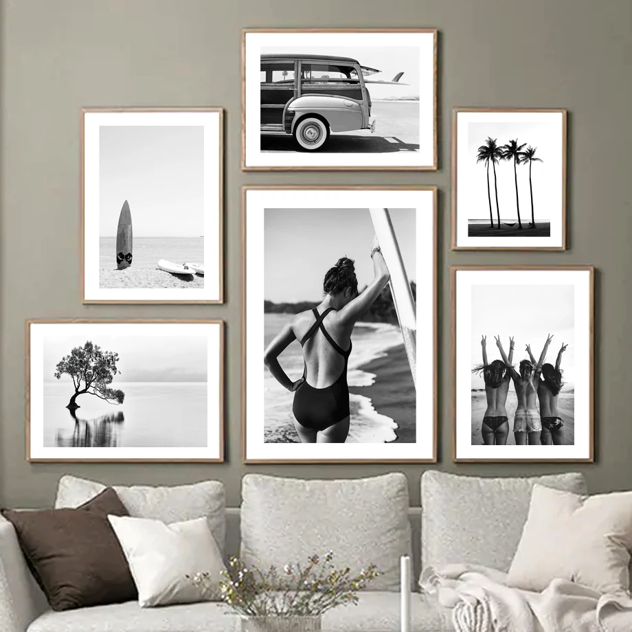 

Black White Beach Surf Girl coconut Tree Car Van Nordic Poster Wall Art Prints Canvas Painting Decor Pictures For Living Room