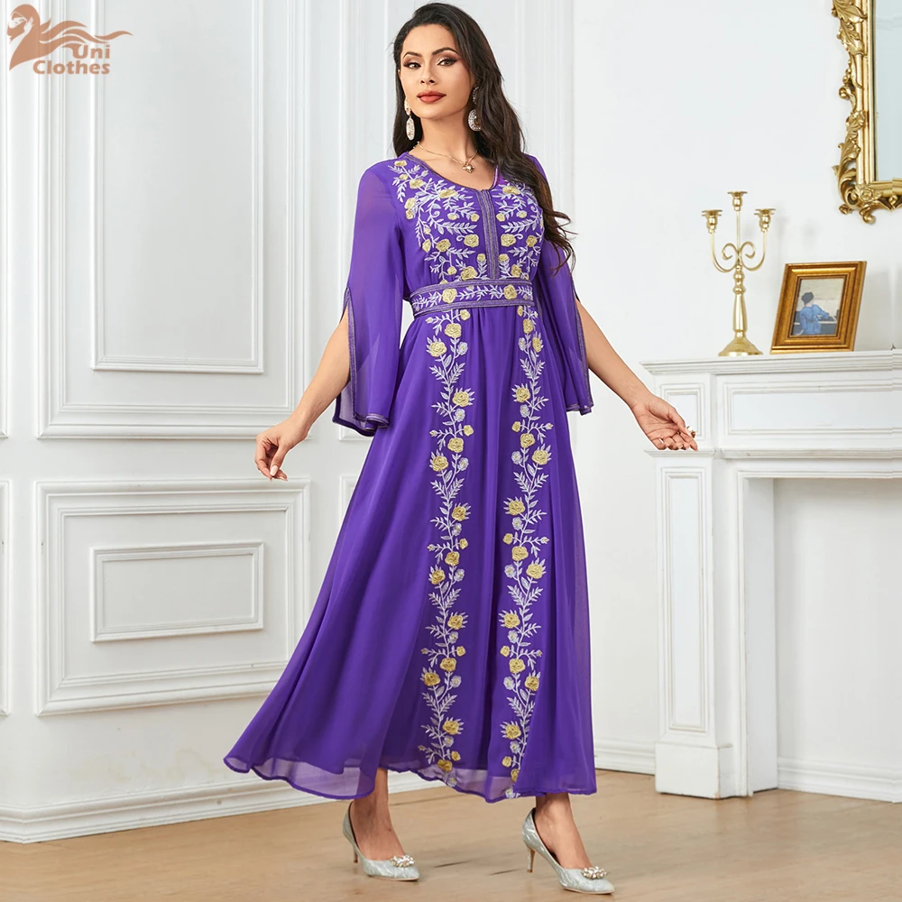 Мусульманские модные платья Рамадан с вышивкой для женщин сетчатый рукав