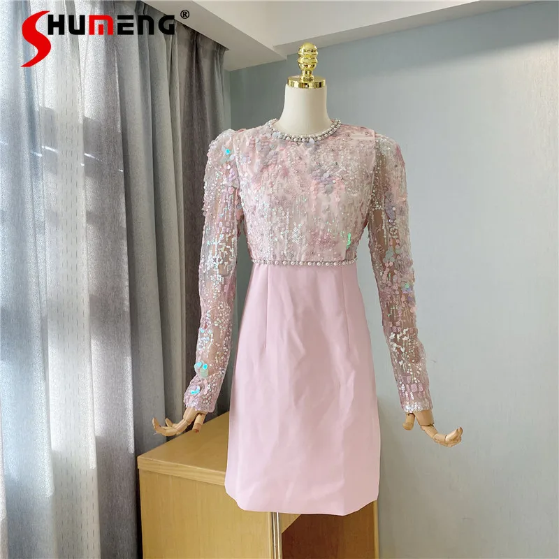 

High Quality French Latest Gauze Pink Midi Dress 2022 Spring New Embroidery Sequins Beaded Round Neck for Nigerian Party Dresses