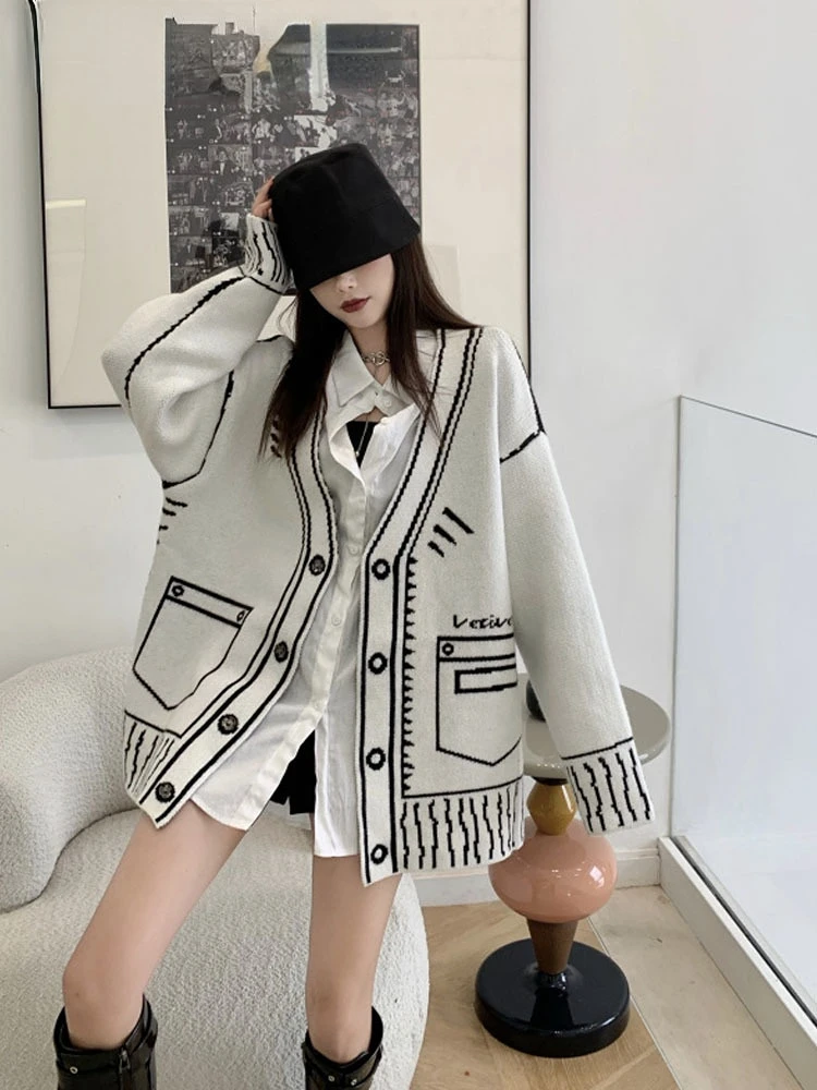 

Женский длинный вязаный кардиган с V-образным вырезом, в стиле граффити