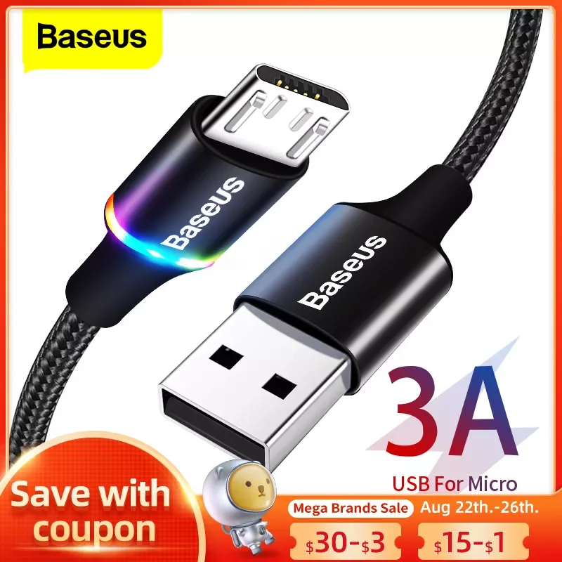 

NEW2023 Baseus LED Lighting Micro USB Cable 3A Fast Charging Charger Microusb Cable For Samsung Xiaomi Android Mobile Phone Wire