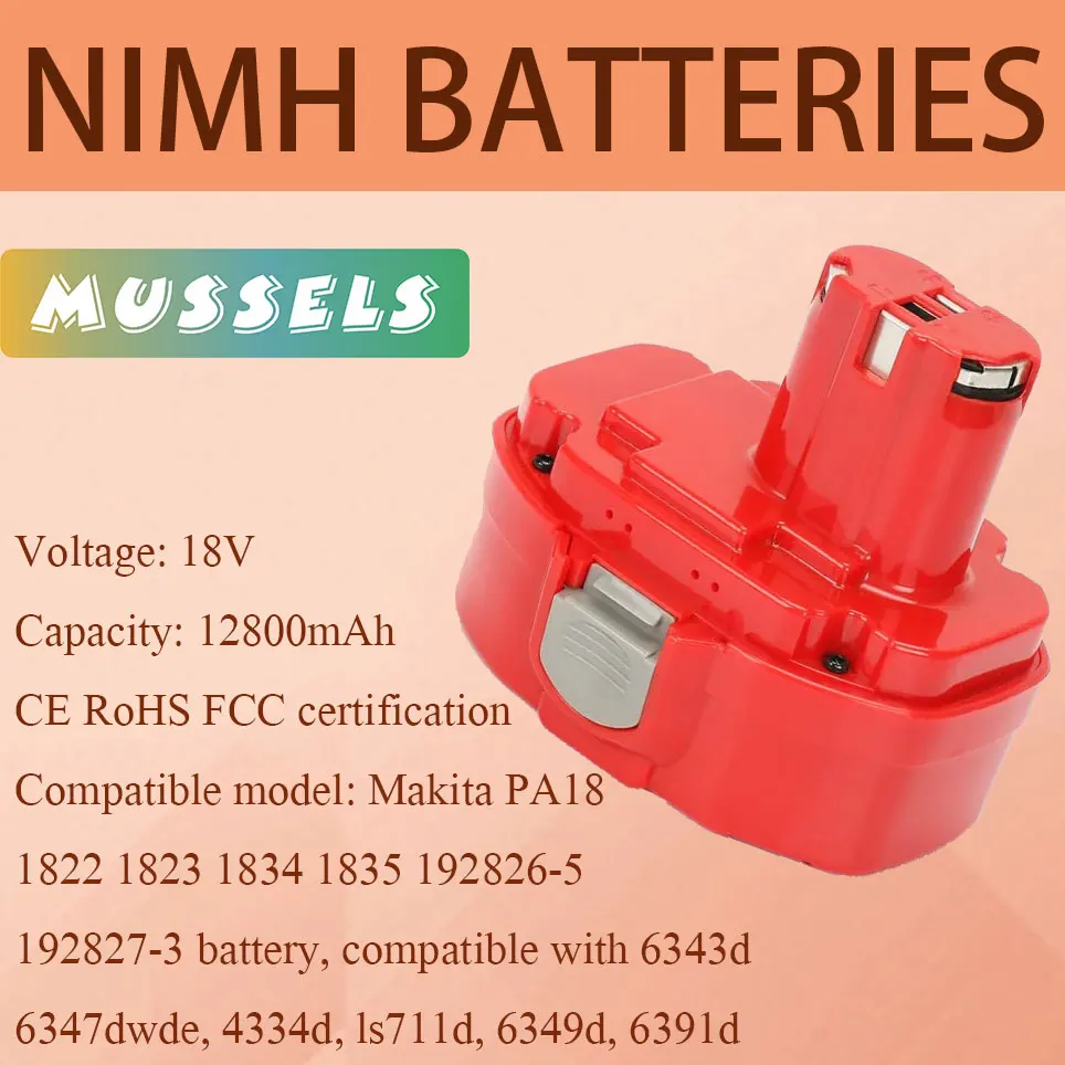 

2022 18V battery for 12800mAh DK1032DL, DK1033DL, 192826-5 192827-3, 194105-7 JR180D, JR180DWB Ni-MH ni-cd battery