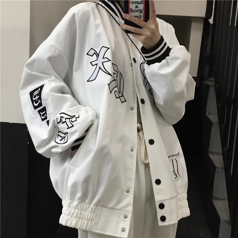 

Ladies Korean Style Baseball Jacket Spring/autumn Women's Street Couple Loose Cashew Flowers Embroidery Harajuku Student Spring