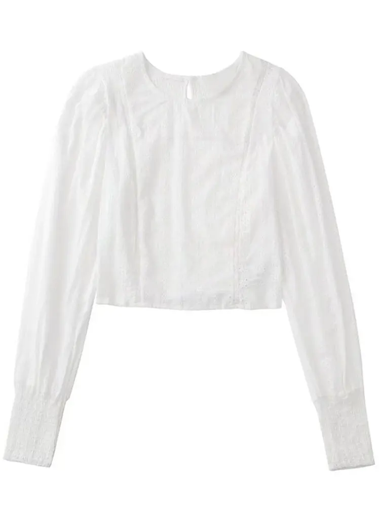 

Embroidered Blouse Shirt Women O Neck Fashion Hollow Out Tops Summer Casual White Blouse Long Sleeves Simple Shirts Femme