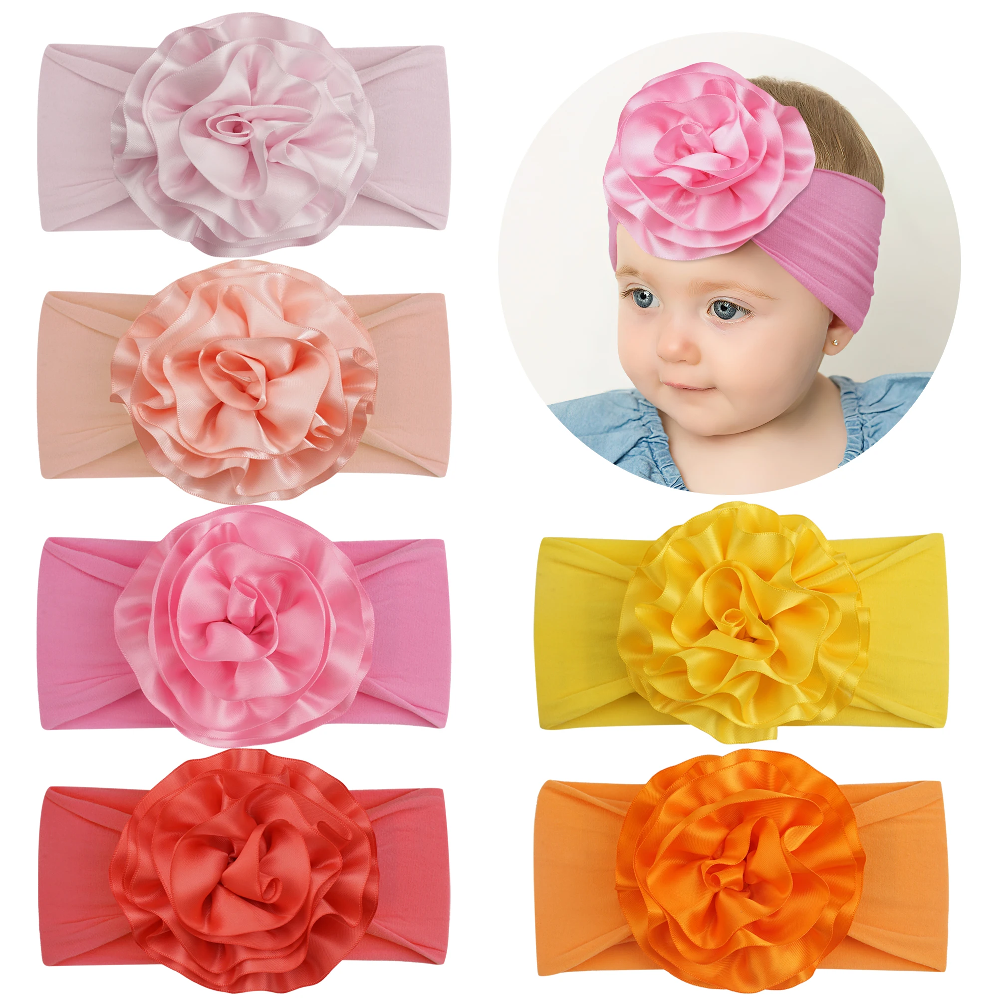 

Baby Nylon Headbands Hairbands Hair Wraps Big Satin Flower Elastics for Baby Girls Newborn Infant Toddlers Kids