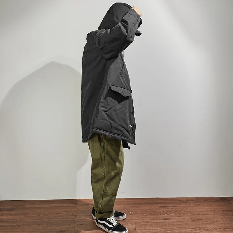 Heavy hooded down jacket coat men's wear thick black casual military coat in winter.