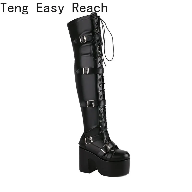 

2023 г., модные женские сапоги выше колена сапоги до бедра на платформе и высоком квадратном каблуке осенне-зимние женские мотоботы с пряжкой