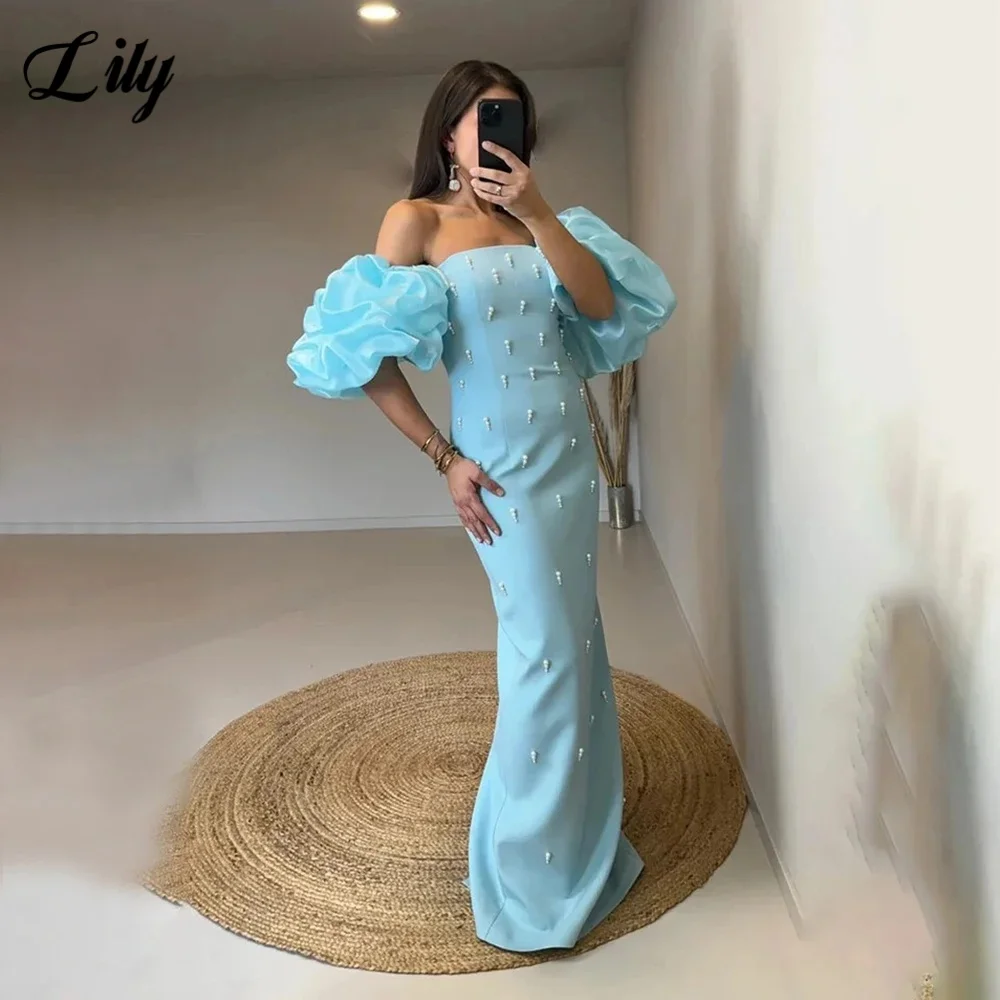Фото Элегантное вечернее платье Lily Sky Blue с блестящим жемчугом и пышными рукавами, платья для выпускного вечера, атласные вечерние платья русалки, robe de bal, индивидуальный заказ №1