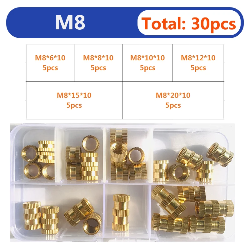 

M8 M10 Brass Knurled Threaded Insert Nut Set Female Thread Brass Knurled Embedment Nut Copper Insert Nut for Plastic 3D Printing