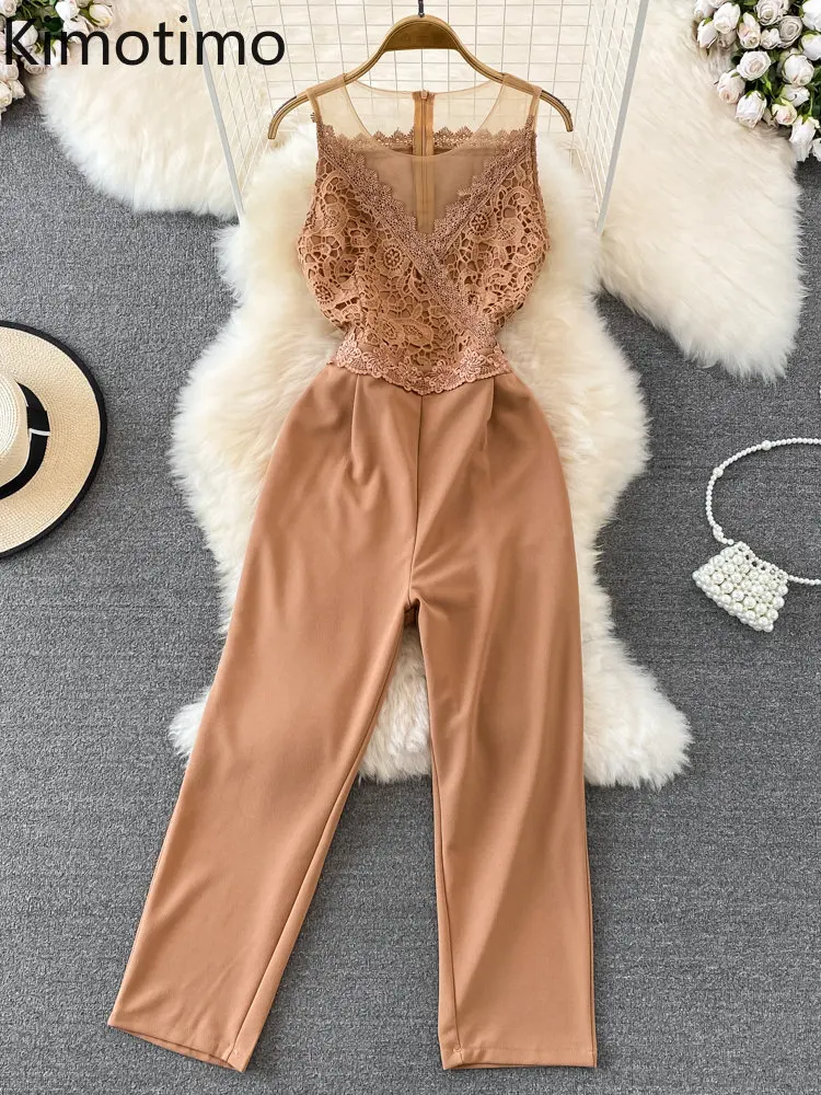 

Kimotimo Spring Summer Temperament Jumpsuit Women Round Neck Lace Splicing Waist Straight Jumpsuits INS Fashion design Long Pant