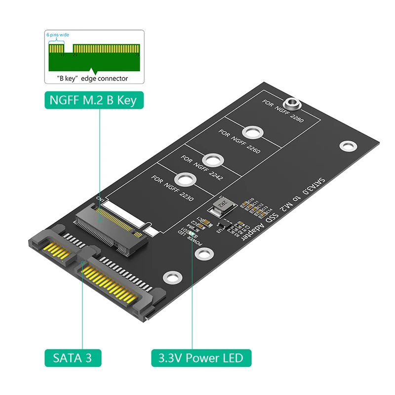 Адаптер M.2 — SATA 3.0 Riser Card 6 Гбит/с NGFF SSD Converter Поддержка 2230 2242 2260 2280 B/B+M Key M2 Protocol
