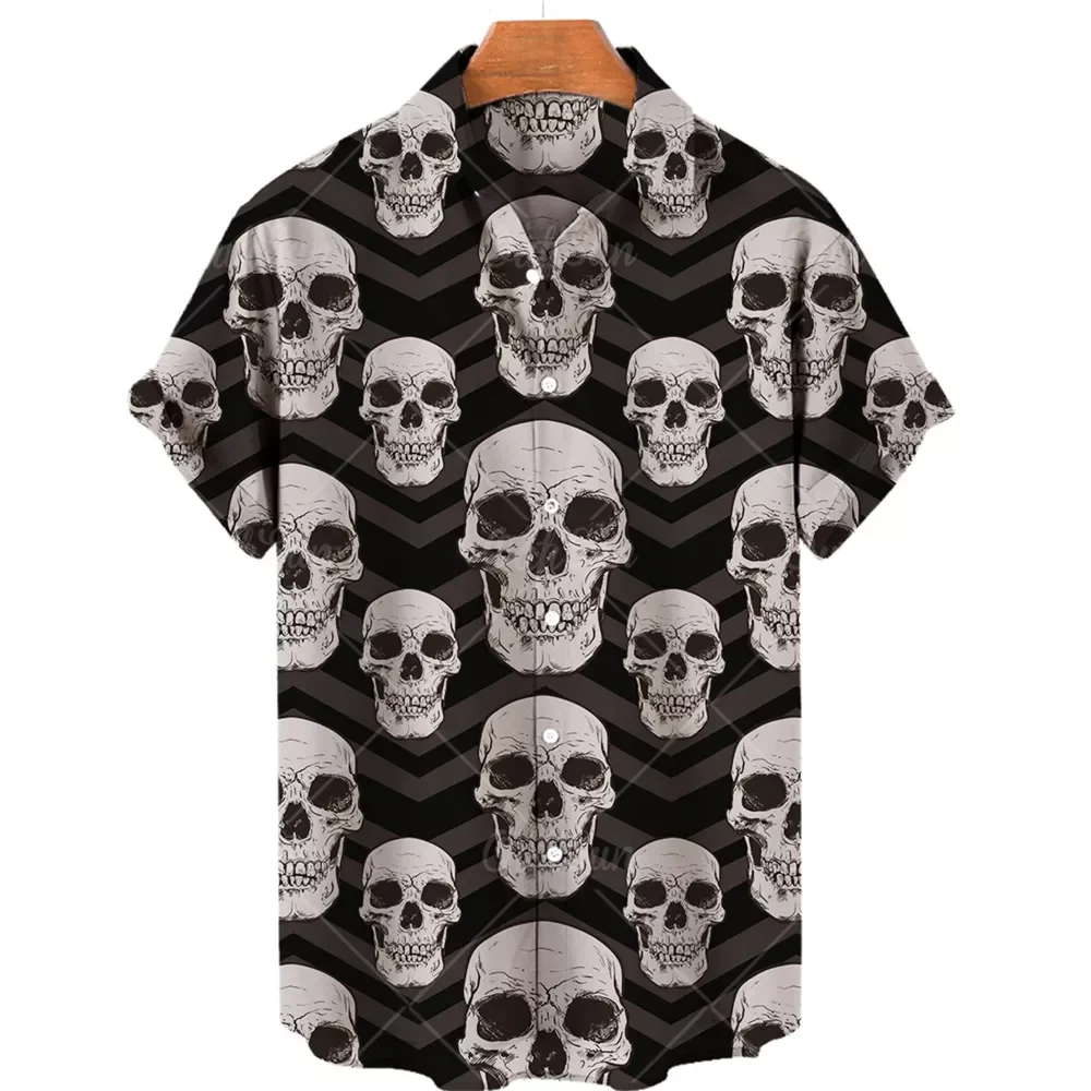 New2022 New Retro Lined for Men Skull Print Shirt Summer Fashion Statement T Shirts Women Casual Short Sleeve Hawaiian Shirt Cam