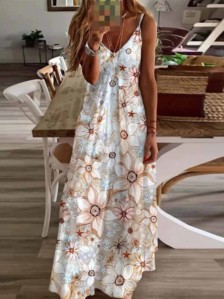 

New Fashion Women's Dress Printed V-neck Sleeveless Leisure Pleats Vestido Casual Party Dress for Women 2023