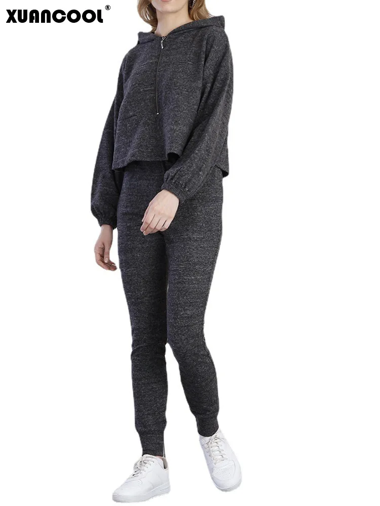 

XUANCOOL Women Hoodies Set Fashion Two Piece Solid Color Spring Autmn Loose Crop Zip Hoodies and Skinny Long Pants Suit