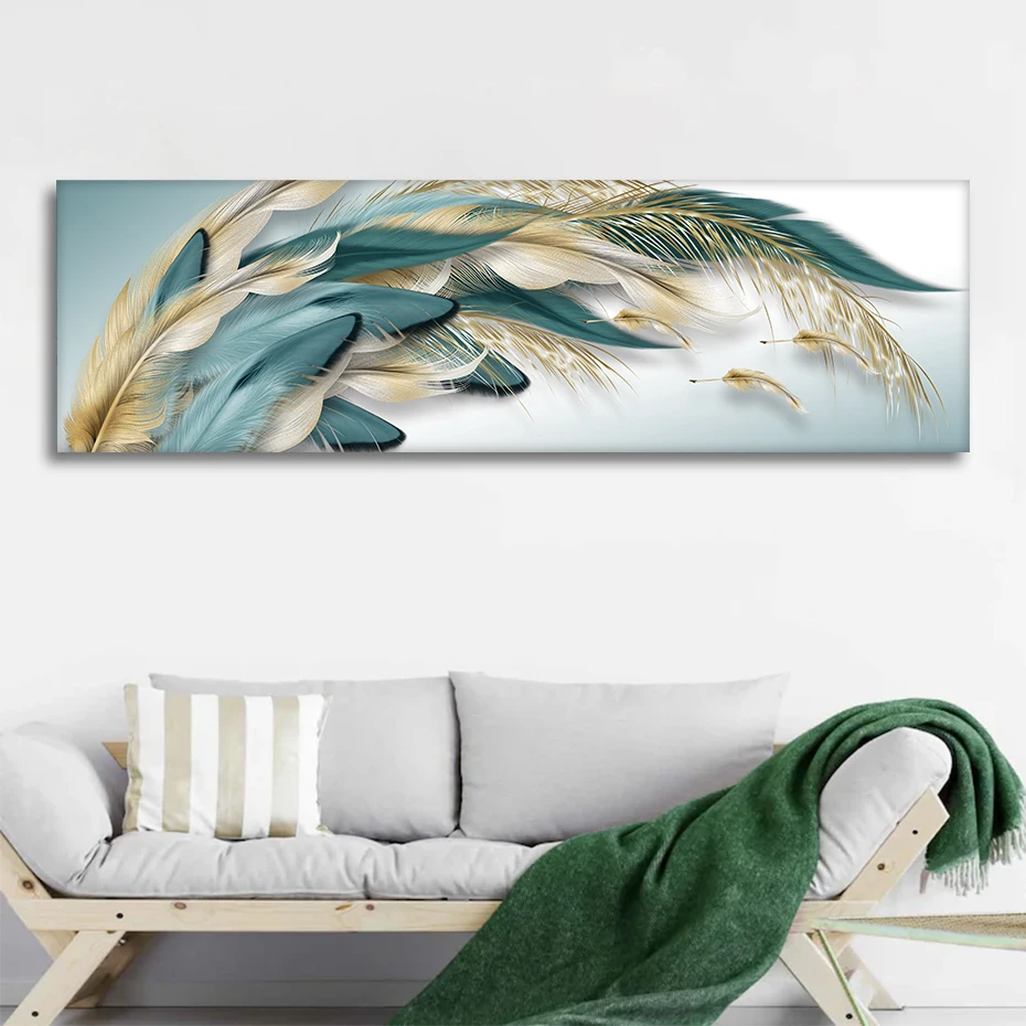Настенная живопись на холсте большая абстрактная золотисто-зеленая перо постер