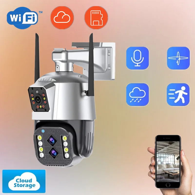 Wifi Camera Dual-Lens PTZ Outdoor Cam Video Record Speed Dome External WiFi Security CCTV Camera Siren Alarm Night Vision Camera