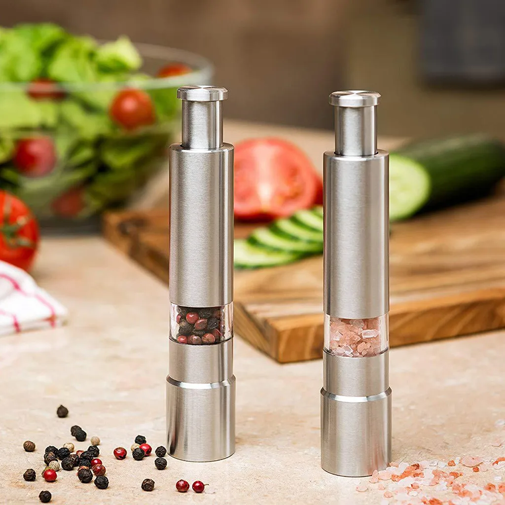 

Pepper Grinder Stainless Steel Thumb Push Button Sea Salt Spices Mill Press Grinding Tool External Spring