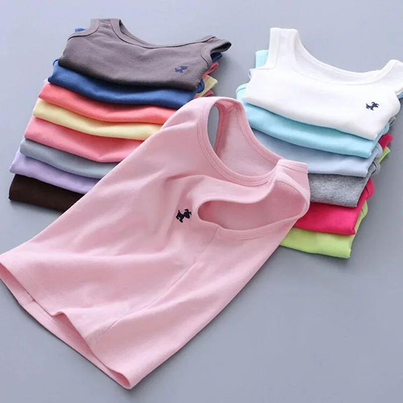 

Children T-shirts for Girls Candy Color Baby Boys Embroidery Tee Cotton Vest Tops Kids Summer Clothes Sleeveless T-Shirt