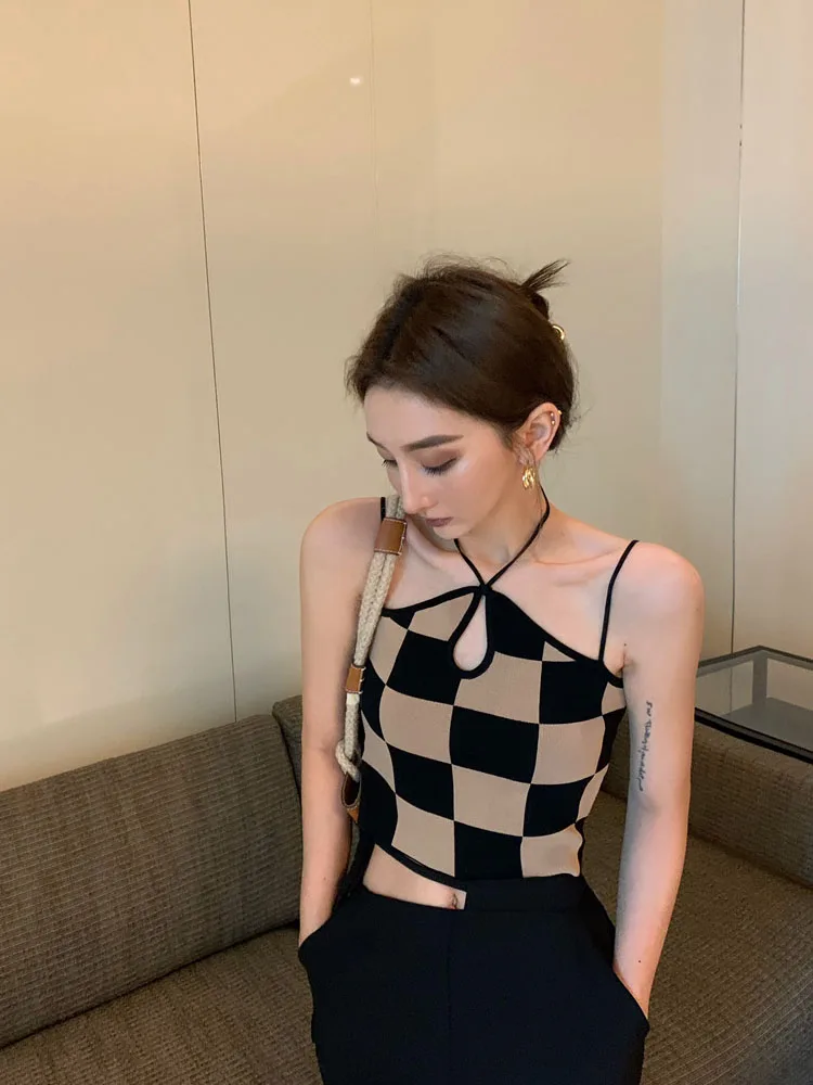 

Summer New Diablo Style Girly Halter Neck Tank Tops Vintage Checkerboard Plaid Sleeveless Harajuku Babes Fashion Slim Vest