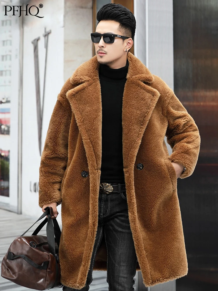 

PFHQ Autumn Winter Men's Luxury Imitation Fur Coat Trendy Casual Trench Fashion Elegant Long Alpaca Sheep-shorn Clothes 21Q4433