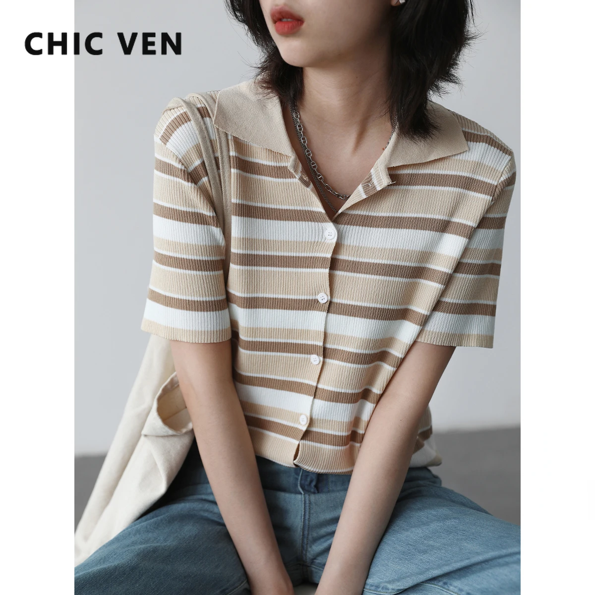 

CHIC VEN Women's T Shirt Vintage Contrast Striped Polo Short Sleeved Casual Female Tops Woman T-Shirts Summer 2022